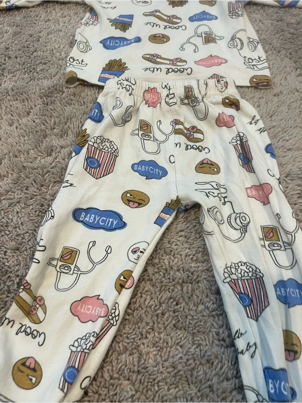 Cream Kids Pajama Set with Snack Print